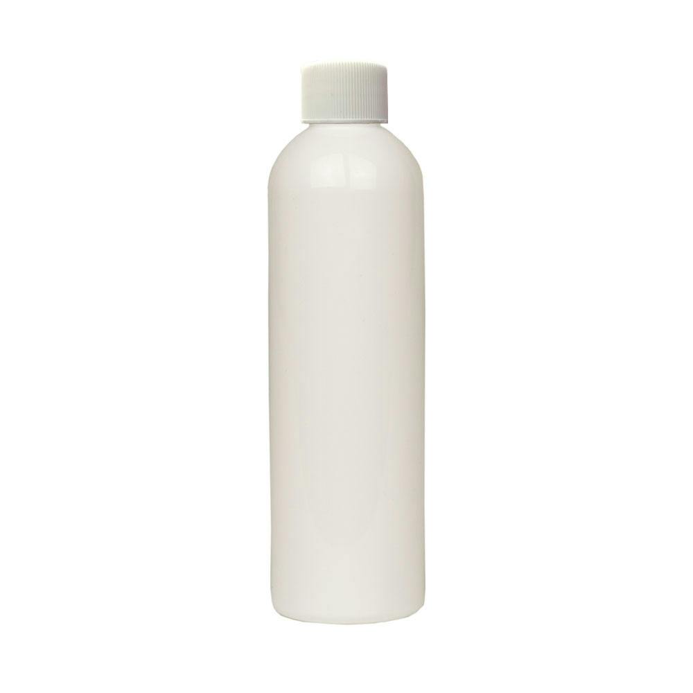 4 oz. White PET Cosmo Round Bottle with 20/410 White Ribbed Cap with F217 Liner