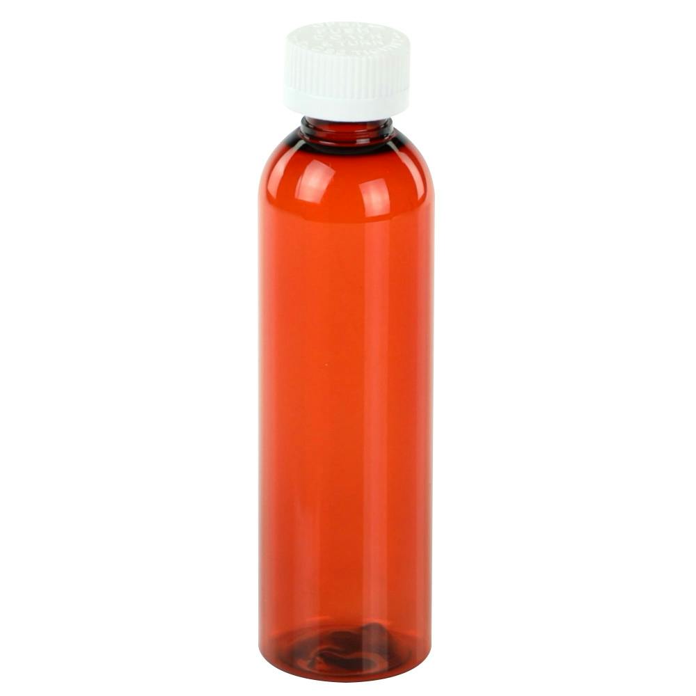4 oz. Red Amber PET Cosmo Round Bottle with 20/400 White Ribbed Polypropylene Child-Resistant Cap (CRC) with F217 Liner