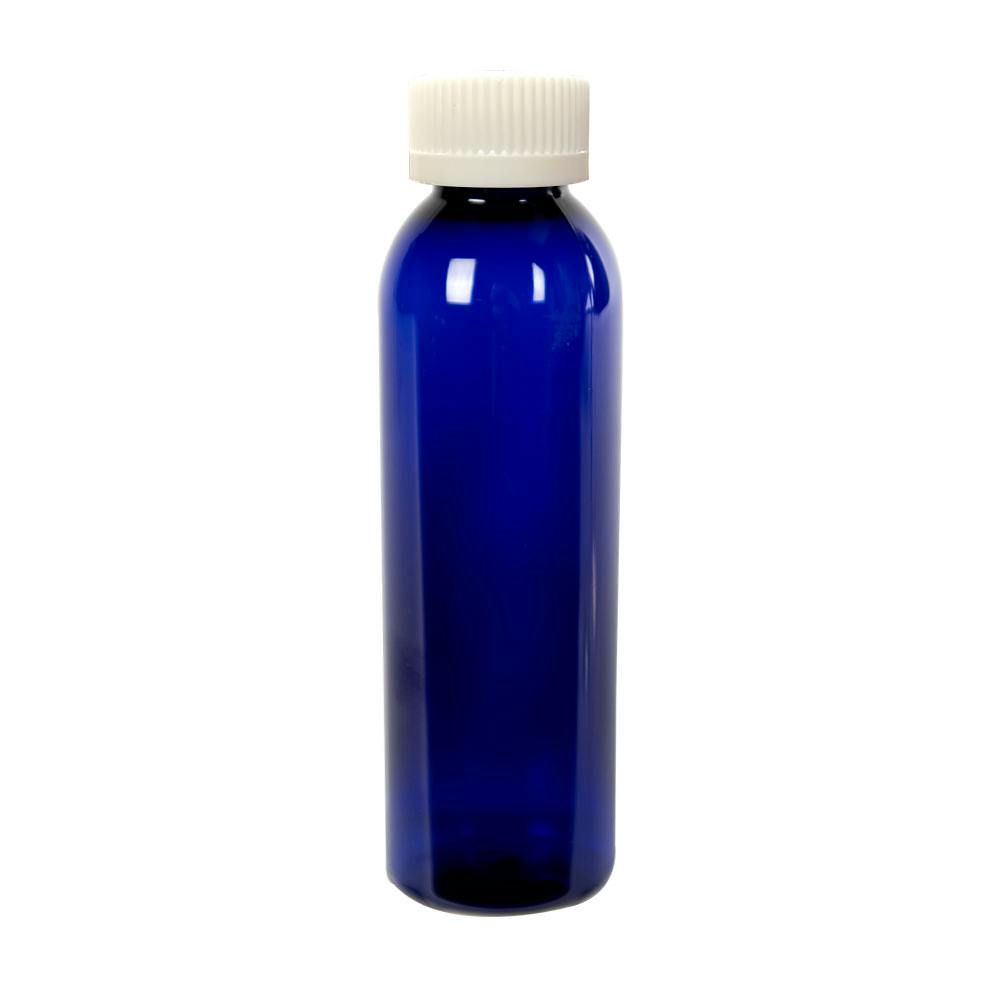 4 oz. Cobalt Blue PET Cosmo Round Bottle with 24/400 White Ribbed Polypropylene Child-Resistant Cap (CRC) with F217 Liner