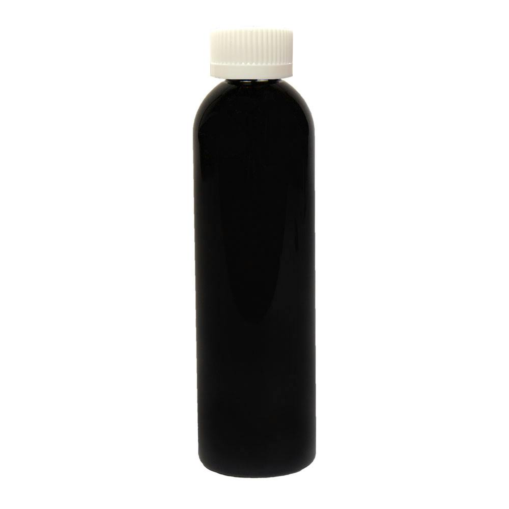 8 oz. Black PET Cosmo Round Bottle with 24/400 White Ribbed Polypropylene Child-Resistant Cap (CRC) with F217 Liner