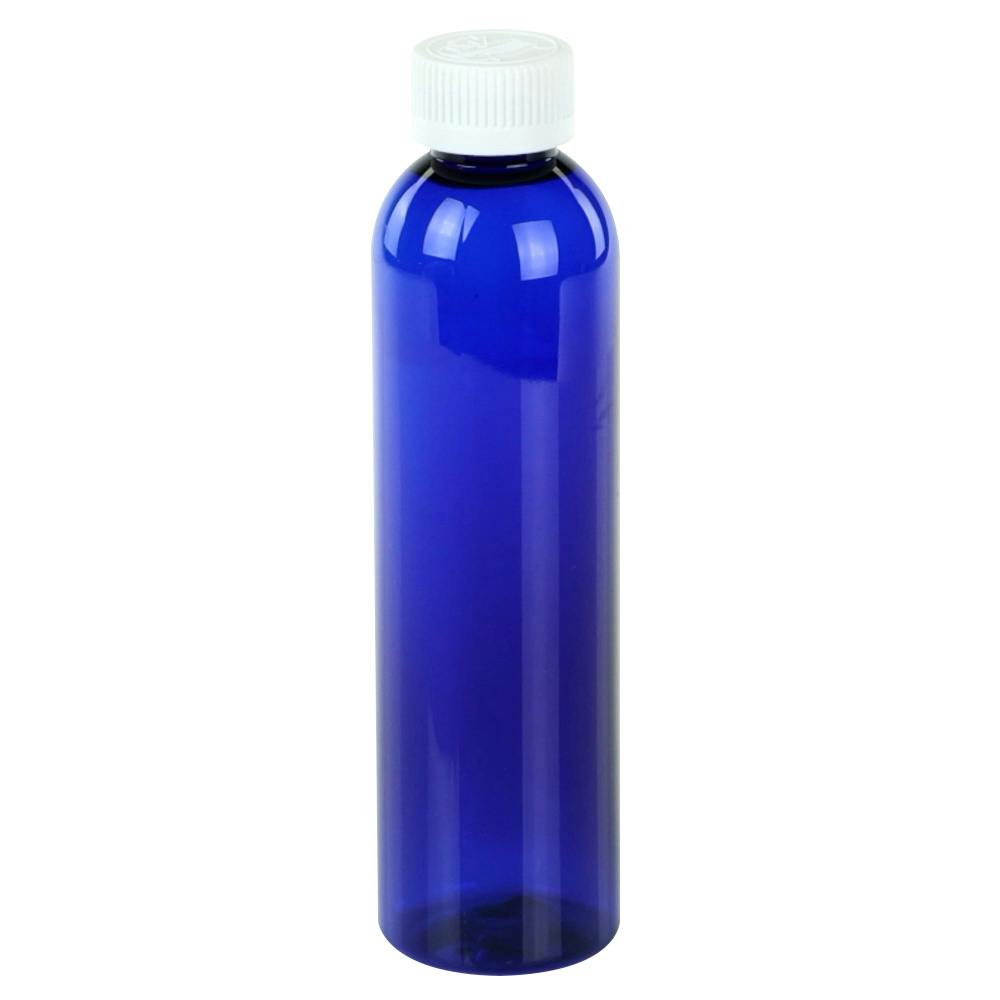 8 oz. Cobalt Blue PET Cosmo Round Bottle with 24/400 White Ribbed Polypropylene Child-Resistant Cap (CRC) with F217 Liner