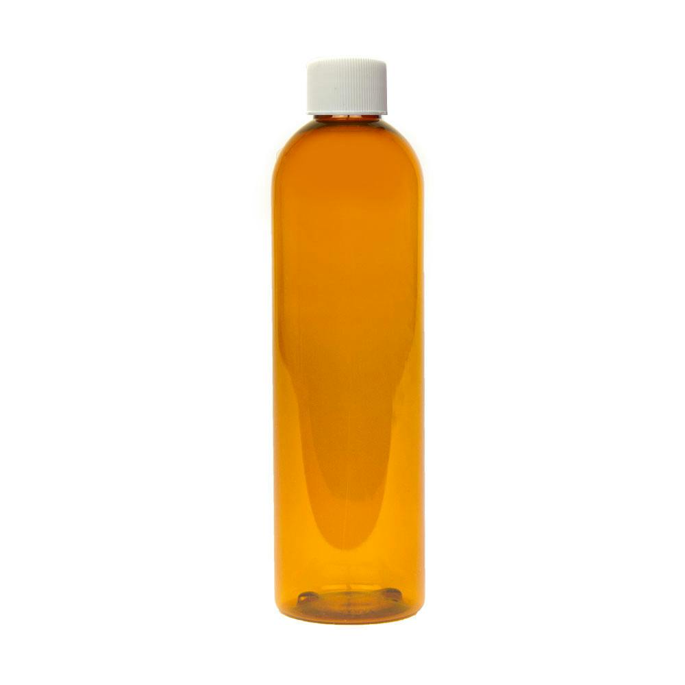 8 oz. Clarified Amber PET Cosmo Round Bottle with 24/410 White Ribbed Cap with F217 Liner