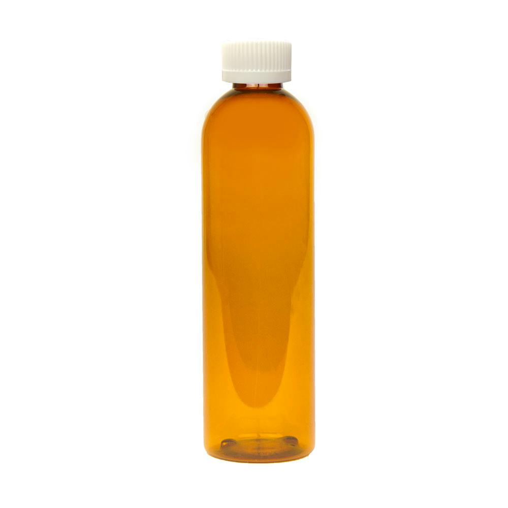 8 oz. Clarified Amber PET Cosmo Round Bottle with 24/400 White Ribbed Polypropylene Child-Resistant Cap (CRC) with F217 Liner