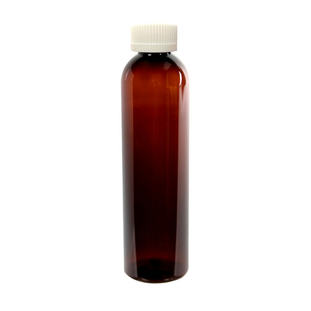 8 oz. Light Amber PET Cosmo Round Bottle with 24/400 White Ribbed Polypropylene Child-Resistant Cap (CRC) with F217 Liner