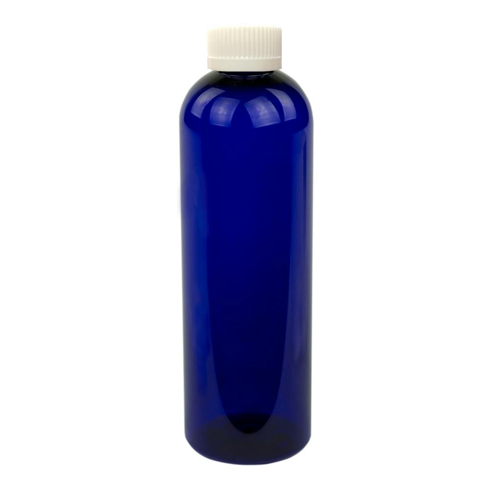 12 oz. Cobalt Blue PET Cosmo Round Bottle with 24/400 White Ribbed Polypropylene Child-Resistant Cap (CRC) with F217 Liner