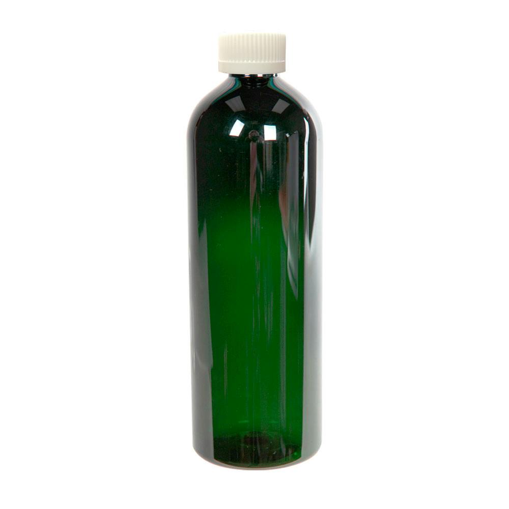 16 oz. Dark Green PET Cosmo Round Bottle with 24/400 White Ribbed Polypropylene Child-Resistant Cap (CRC) with F217 Liner