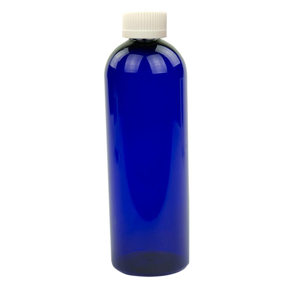 16 oz. Cobalt Blue PET Cosmo Round Bottle with 24/400 White Ribbed Polypropylene Child-Resistant Cap (CRC) with F217 Liner