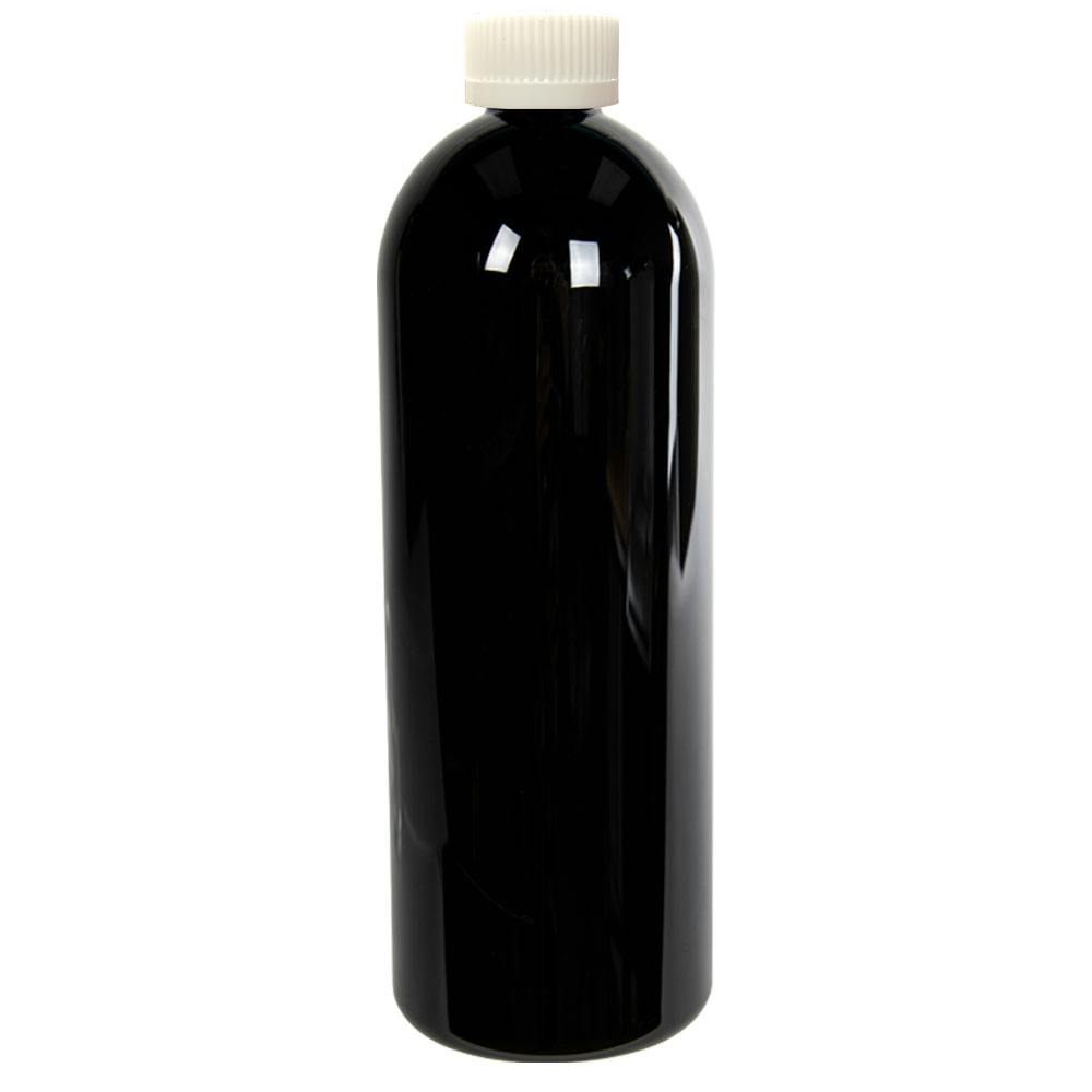 32 oz. Black PET Cosmo Round Bottle with 28/400 White Ribbed Polypropylene Child-Resistant Cap (CRC) with F217 Liner
