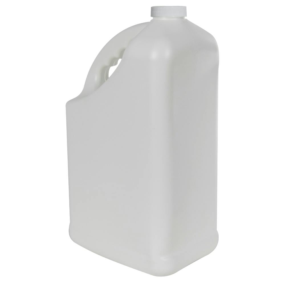 128 oz. White HDPE PCR Slant Handle Jug with 38/400 White Ribbed Cap with F217 Liner