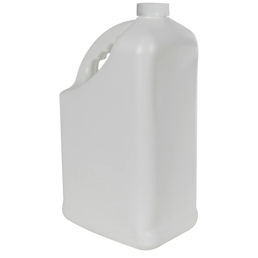 128 oz. White HDPE PCR Slant Handle Jug with 38/400 White Ribbed Polypropylene Child-Resistant Cap (CRC) with F217 Liner