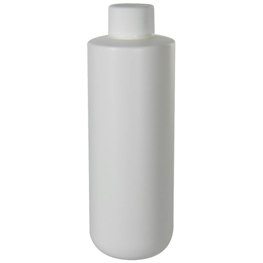 8 oz. White HDPE Squat Cylindrical Round Bottom Bottle with 24/410 White Ribbed Cap with F217 Liner
