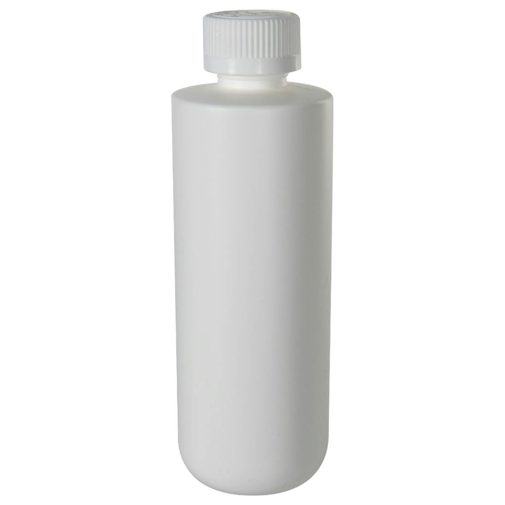 8 oz. White HDPE Squat Cylindrical Round Bottom Bottle with 24/410 White Ribbed Polypropylene Child-Resistant Cap (CRC) with F217 Liner