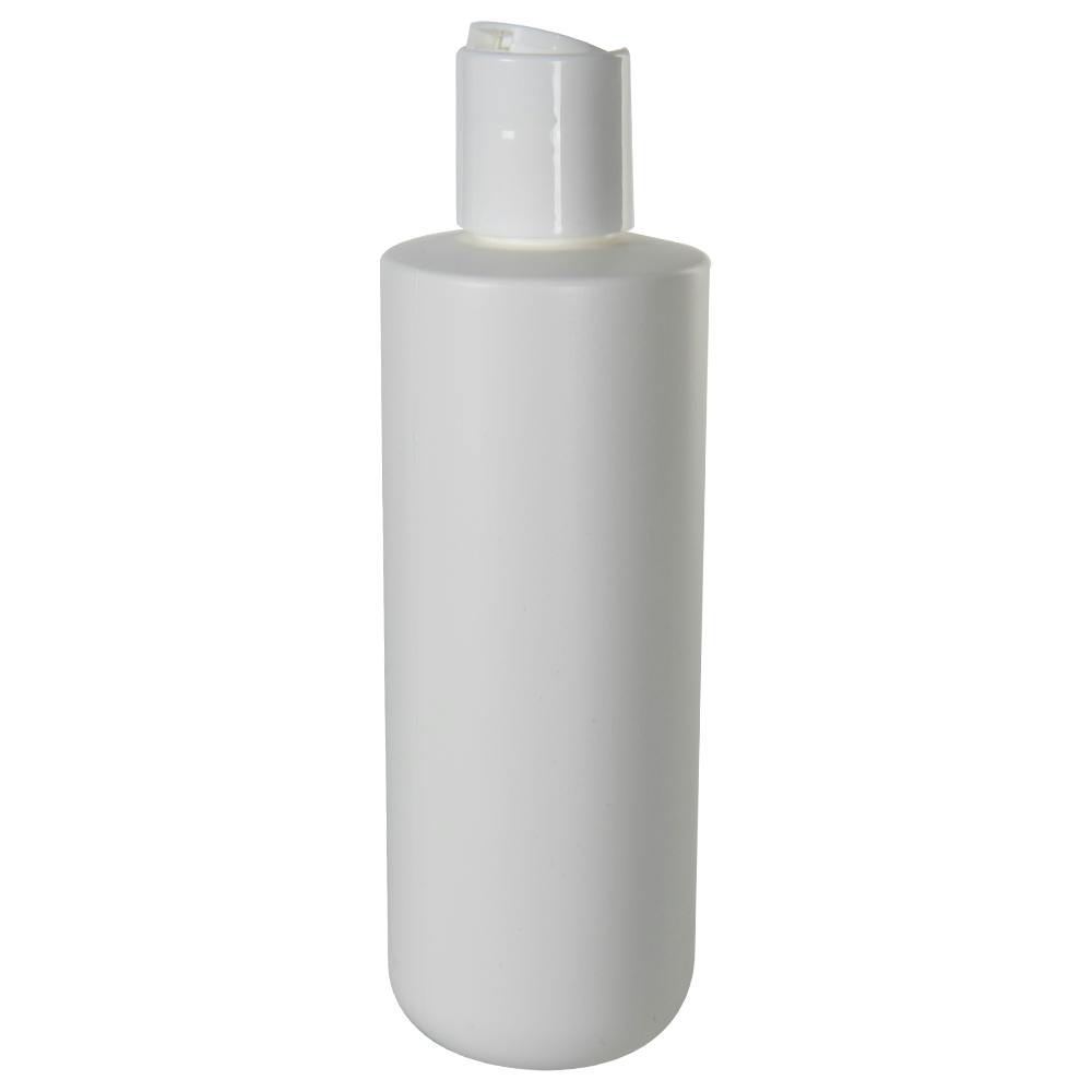 8 oz. White HDPE Squat Cylindrical Round Bottom Bottle with 24/410 White Polypropylene Disc-Top Dispensing Cap