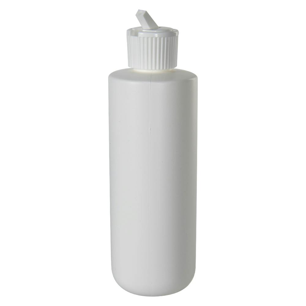 8 oz. White HDPE Squat Cylindrical Round Bottom Bottle with 24/410 White Ribbed Flip-Top Dispensing Cap