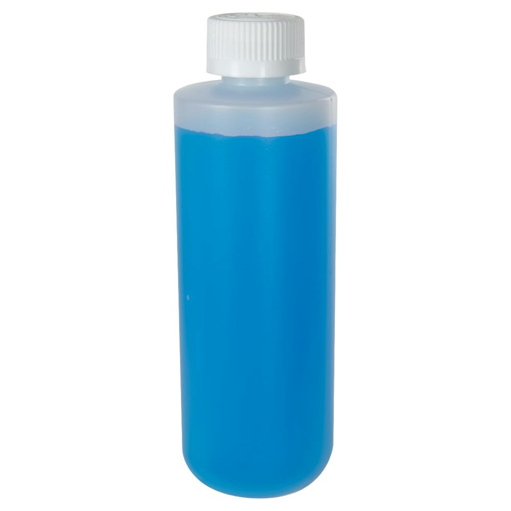 8 oz. Natural HDPE Squat Cylindrical Round Bottom Bottle with 24/410 White Ribbed Polypropylene Child-Resistant Cap (CRC) with F217 Liner