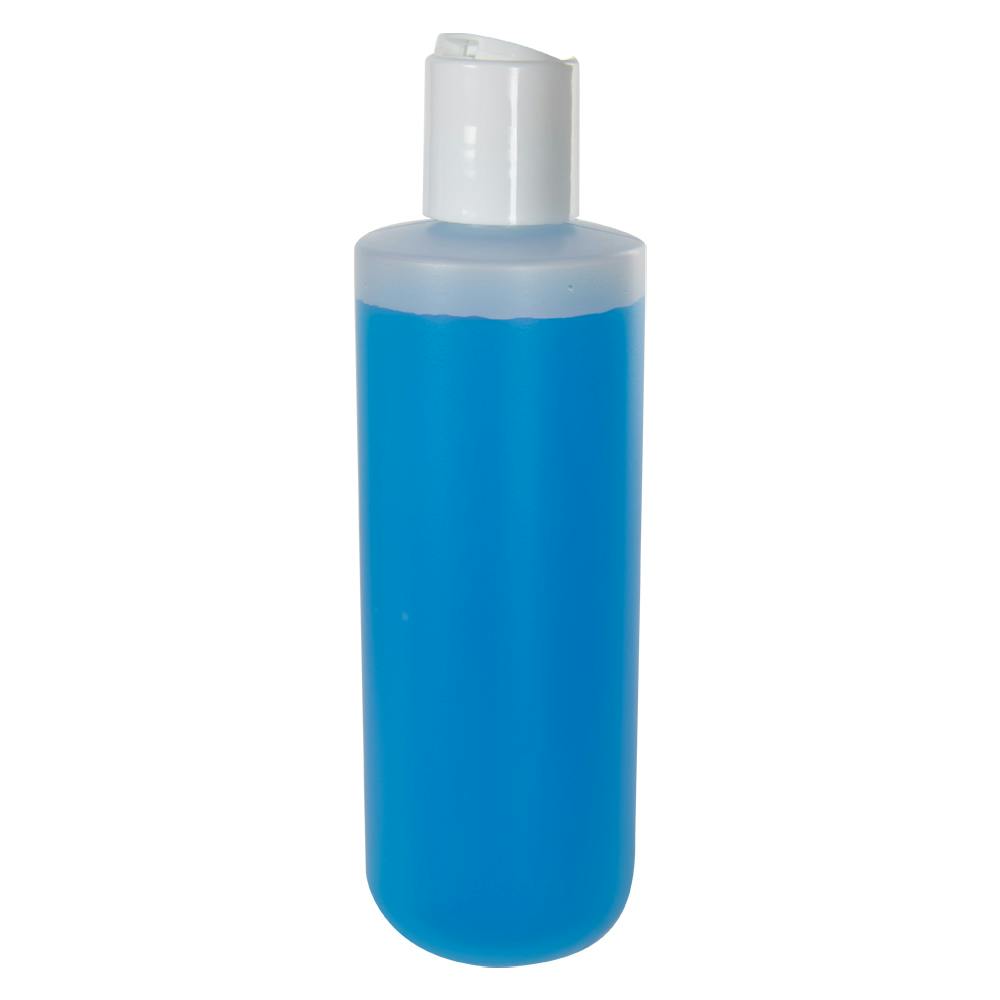 8 oz. Natural HDPE Squat Cylindrical Round Bottom Bottle with 24/410 White Polypropylene Disc-Top Dispensing Cap