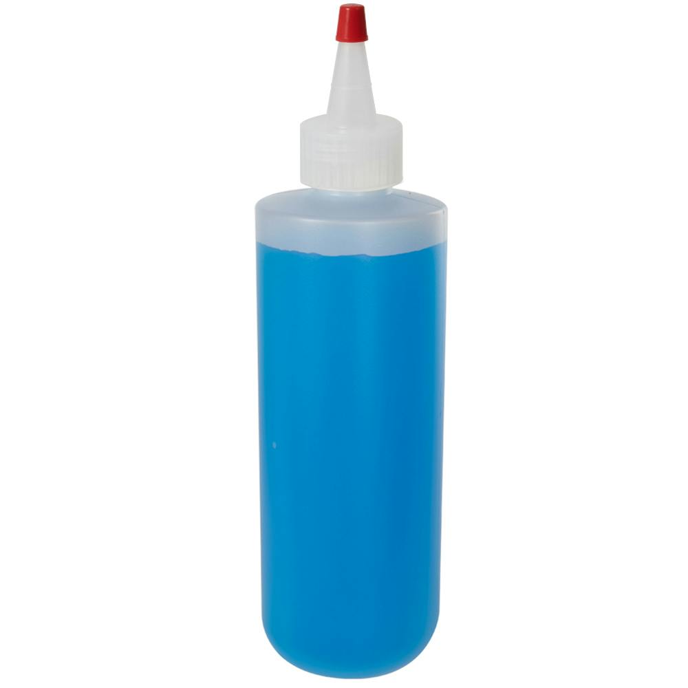 8 oz. Natural HDPE Squat Cylindrical Round Bottom Bottle with 24/410 Natural Yorker Dispensing Cap with Regular Red Tip