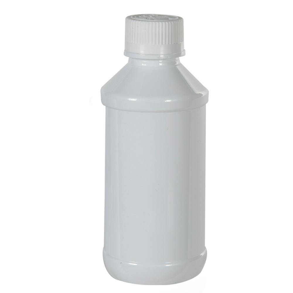 4 oz. White PET Modern Round Bottle with 24/400 White Ribbed Polypropylene Child-Resistant Cap (CRC) with F217 Liner