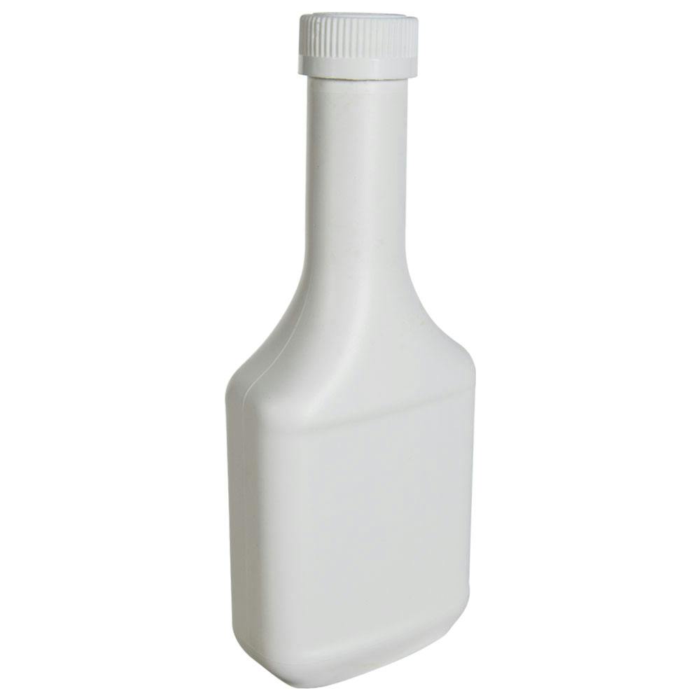12 oz. Long Neck White HDPE Rectangular Cone Top Bottle with 28/400 White Ribbed Polypropylene Child-Resistant Cap (CRC) with F217 Liner