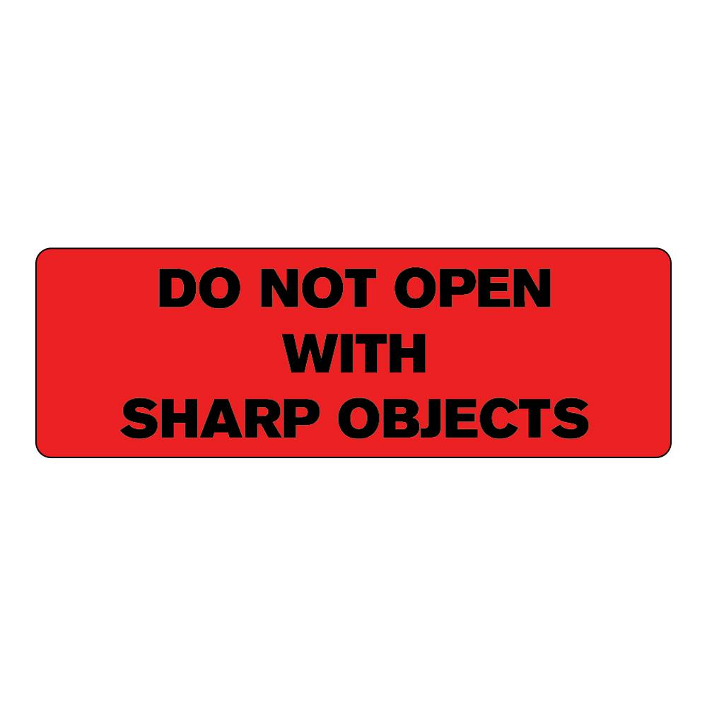 "Do Not Open with Sharp Objects" Rectangular Paper Label with Red Background - 3" x 1"