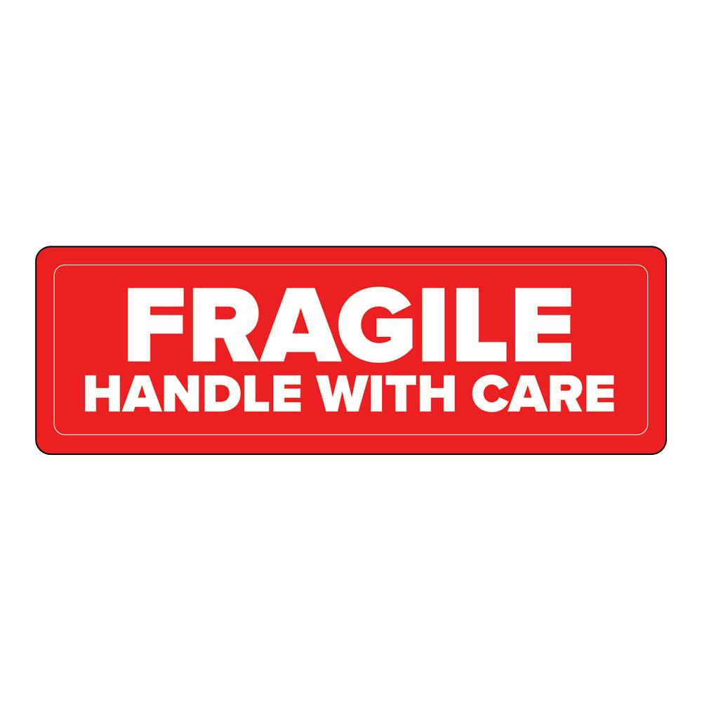 "Fragile - Handle with Care" Rectangular Paper Label with Red Background - 3" x 1"