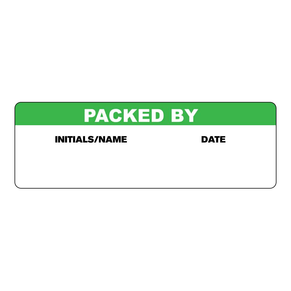 "Packed By" with "Initials/Name" & "Date" Blocks Rectangular Paper Write-On Label with Green Header - 3" x 1"