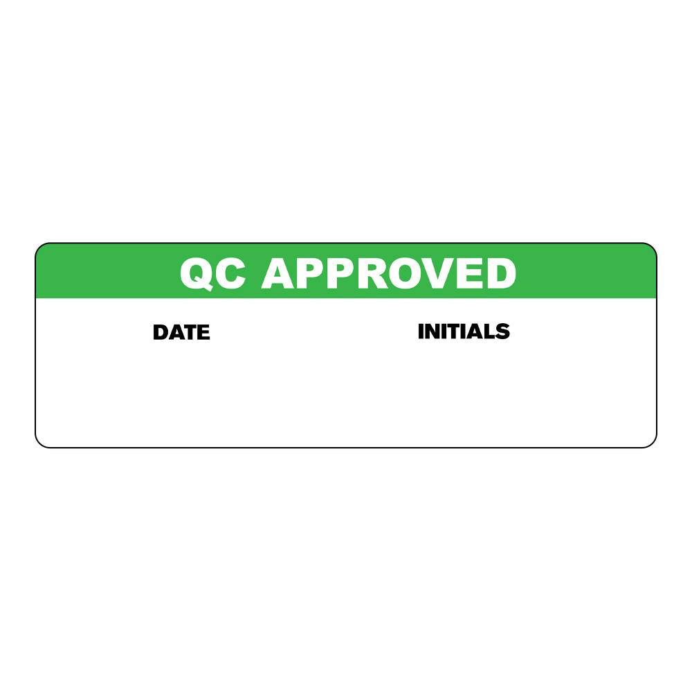 "QC Approved" with "Date" & "Initials" Blocks Rectangular Paper Write-On Label with Green Header - 3" x 1"