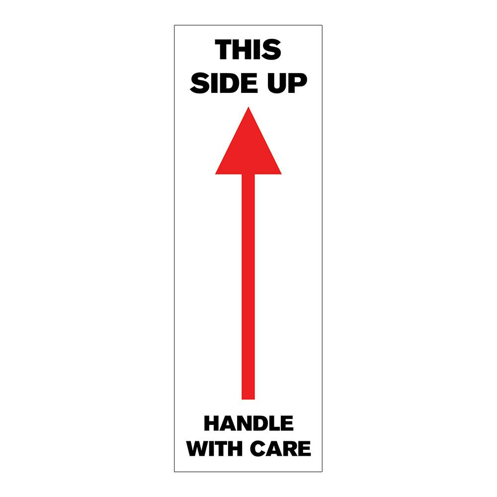 "This Side Up - Handle with Care" Vertical Rectangular Paper Label with Red Arrow & Black Font - 3" x 1"
