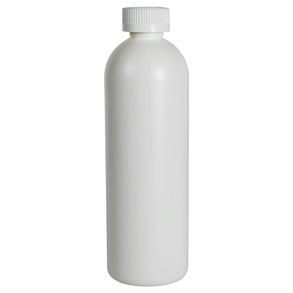 16 oz. White HDPE Cosmo Bottle with 28/400 White Ribbed Polypropylene Child-Resistant Cap (CRC) with F217 Liner