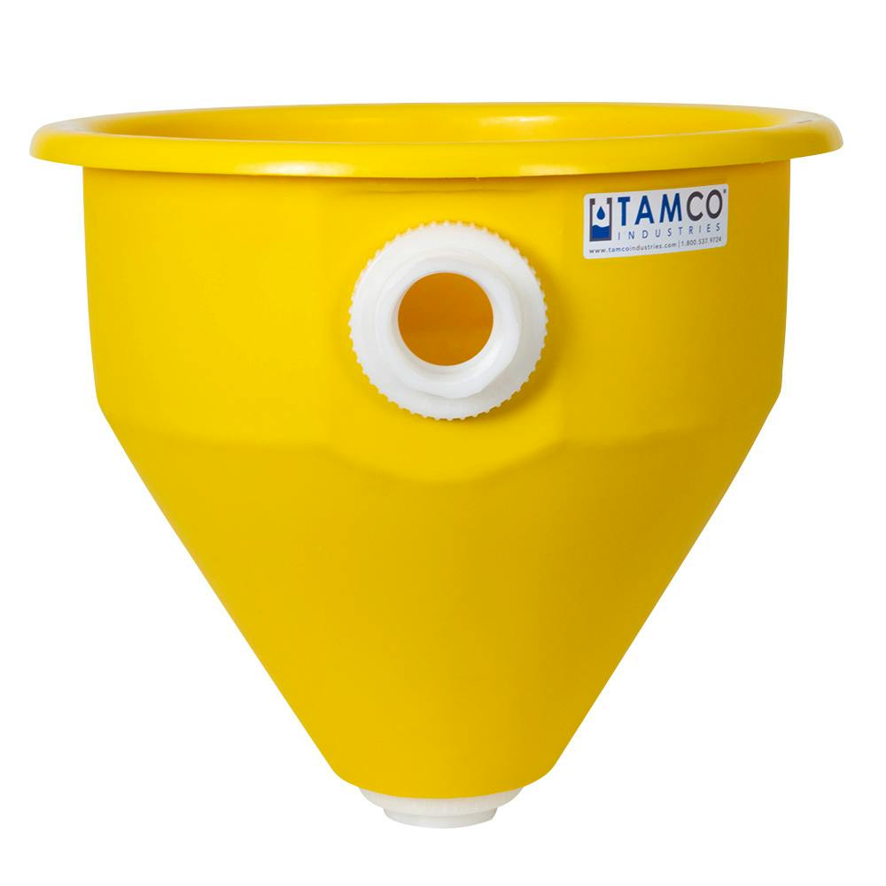 24" Dia. x 22.21" Hgt. Yellow Tamco® Round Hopper with 2" FNPT Bulkhead Inlet & Outlet