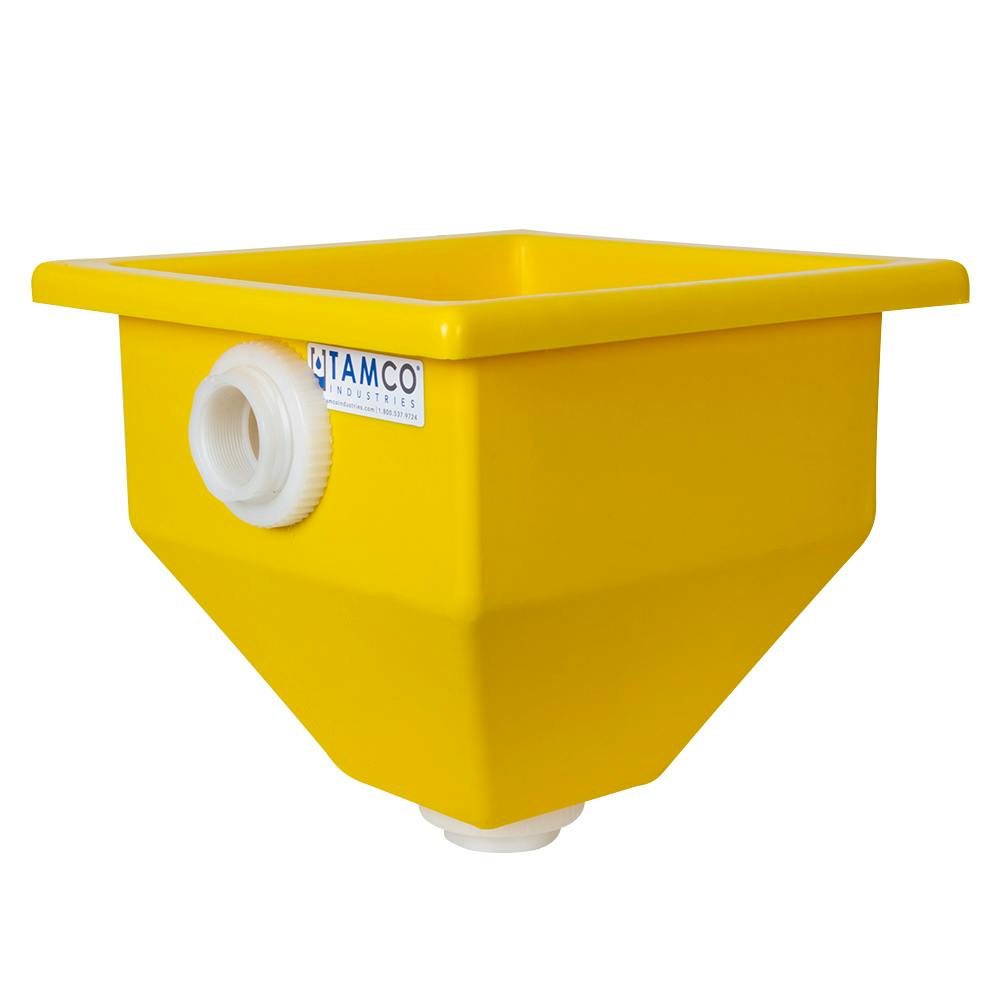 24" L x 24" W x 24-1/2" Hgt. Yellow Tamco® Square Hopper with 2" FNPT Bulkhead Inlet & Outlet