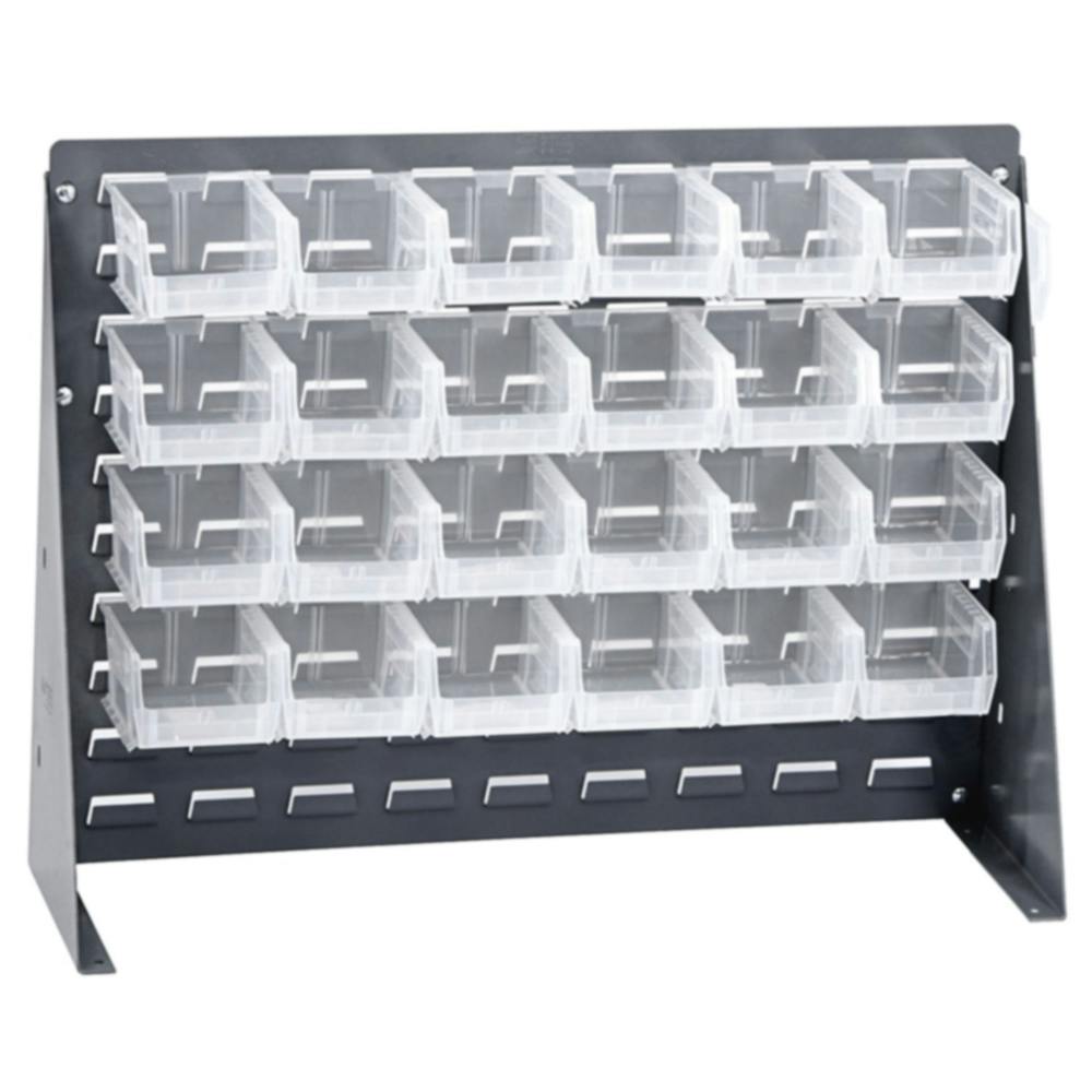 27" L x 8" W x 21" Hgt. Bench Rack with 24 - 5-3/8" L x 4-1/8" W x 3" Hgt. Clear Bins