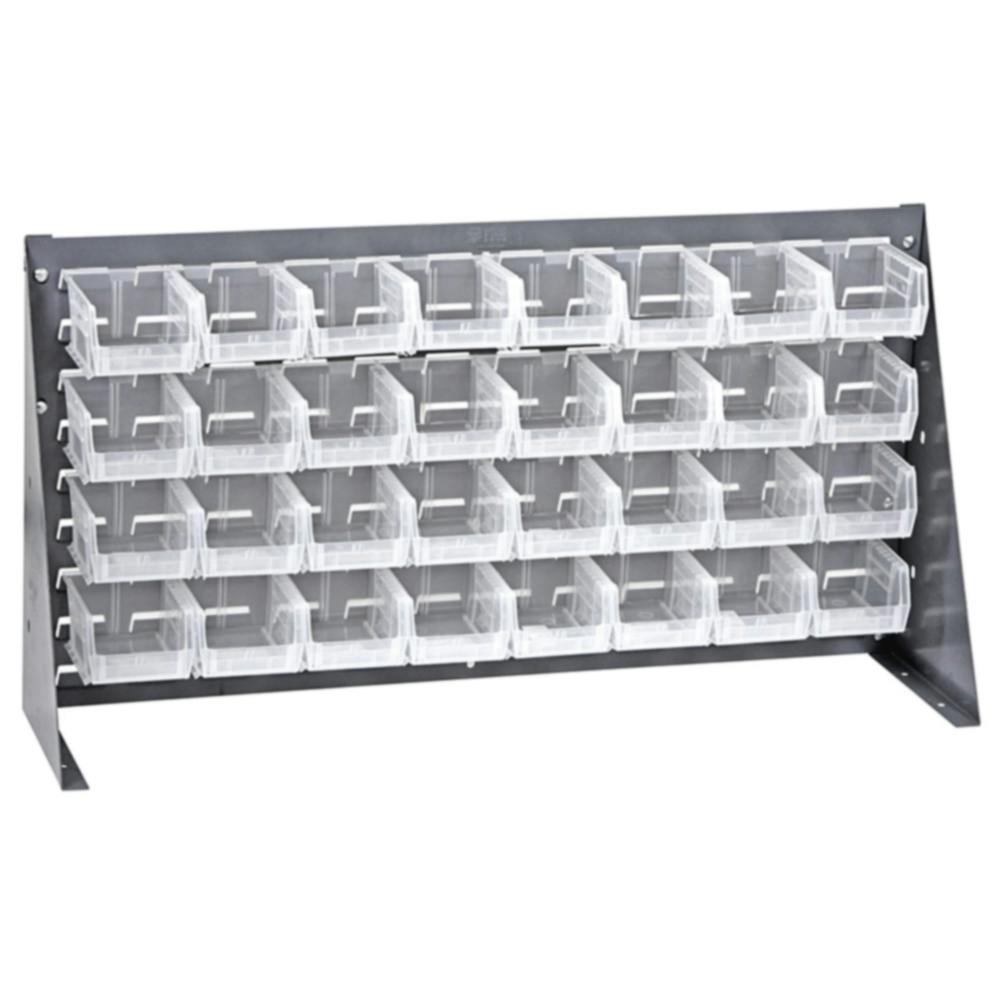 36" L x 8" W x 19" Hgt. Bench Rack with 32 - 5-3/8" L x 4-1/8" W x 3" Hgt. Clear Bins