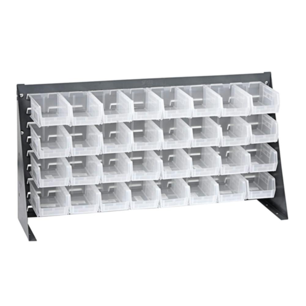 36" L x 8" W x 19" Hgt. Bench Rack with 32 - 7-3/8" L x 4-1/8" W x 3" Hgt. Clear Bins