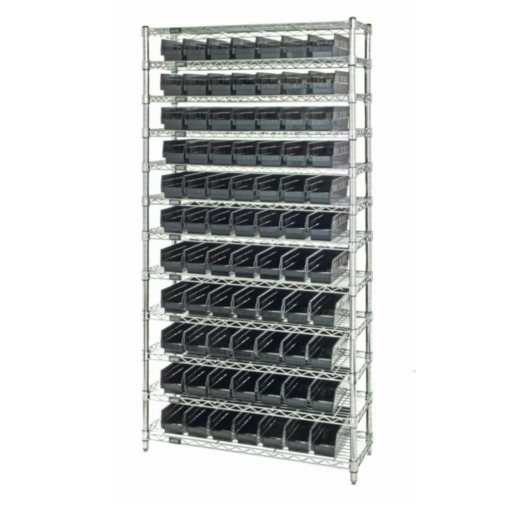 36" L x 18" W x 74" Hgt. Wire Shelving System with 88 - 17-7/8" L x 4-1/8" W x 4" Hgt. Black Conductive Shelf Bins