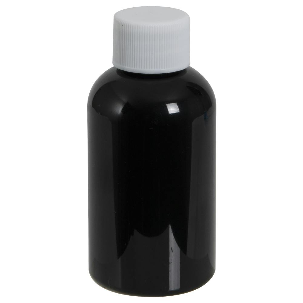 2 oz. Black PET Squat Boston Round Bottle with 20/410 White Ribbed Cap with F217 Liner