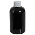 4 oz. Black PET Squat Boston Round Bottle with 20/410 White Ribbed Cap with F217 Liner