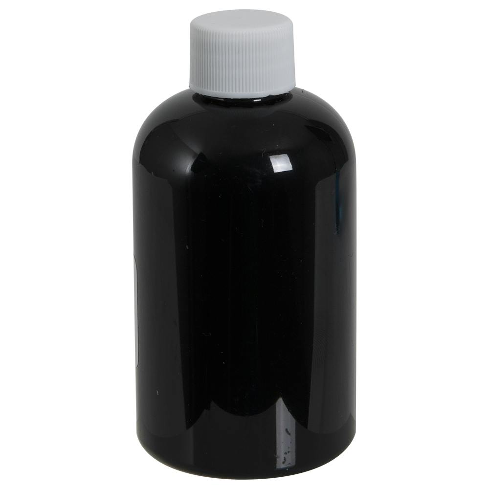 4 oz. Black PET Squat Boston Round Bottle with 20/410 White Ribbed Cap with F217 Liner