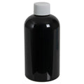 8 oz. Black PET Squat Boston Round Bottle with 24/410 White Ribbed Cap with F217 Liner