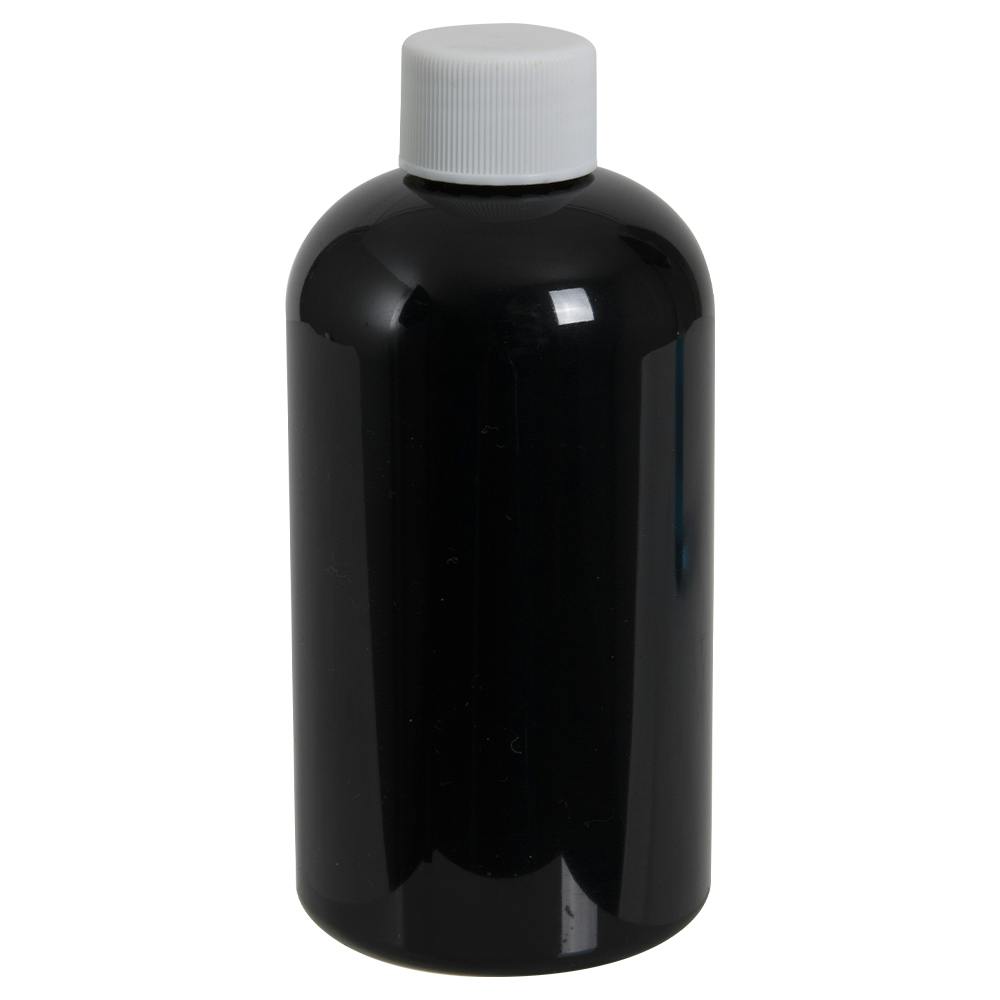 8 oz. Black PET Squat Boston Round Bottle with 24/410 White Ribbed Cap with F217 Liner