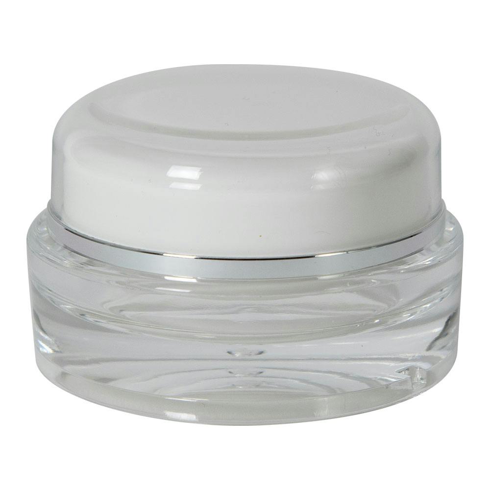 15mL Clear Acrylic/White Polypropylene Silver Trimmed Round Jar with Cap & PE Disc Liner