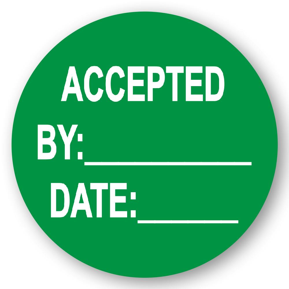 "Accepted" with "By __" & "Date __" Round Paper Write-On Label with Green Background - 2" Dia.