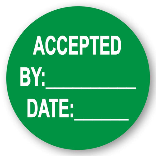"Accepted" with "By __" & "Date __" Round Paper Write-On Label with Green Background - 2" Dia.