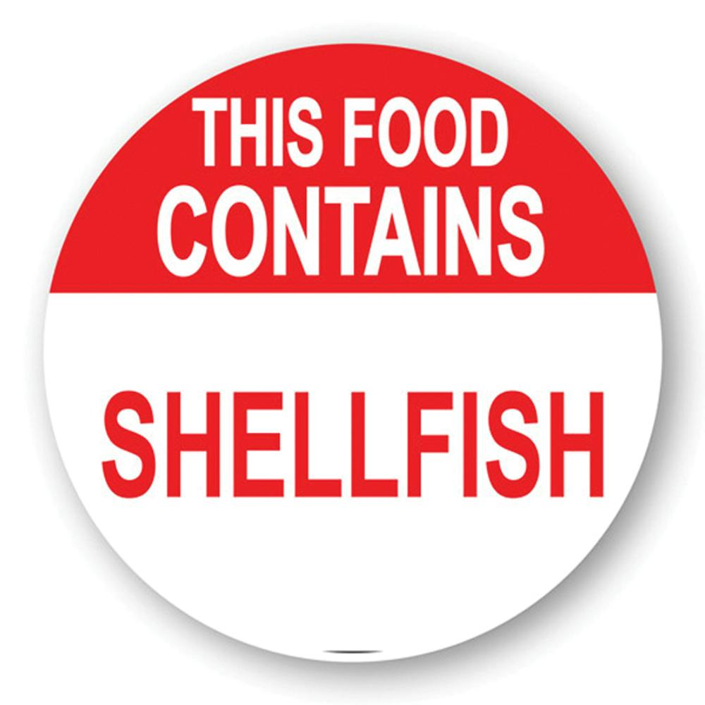 "Contains Shellfish" Round Paper Label with Red Header - 2" Dia.