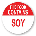 "Contains Soy" Round Paper Label with Red Header - 2" Dia.