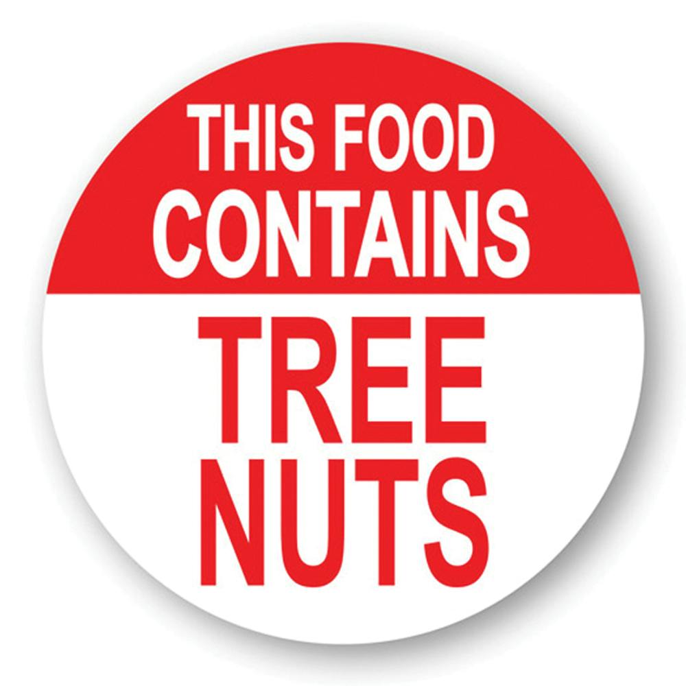 "Contains Tree Nuts" Round Paper Label with Red Header - 2" Dia.