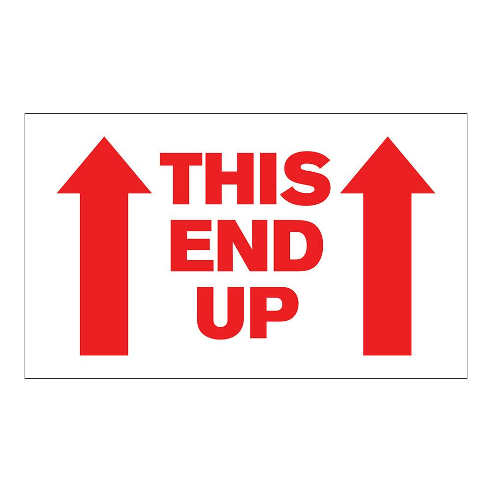 "This End Up" Horizontal Rectangular Paper Label with Red Arrows & Font - 3" x 5"