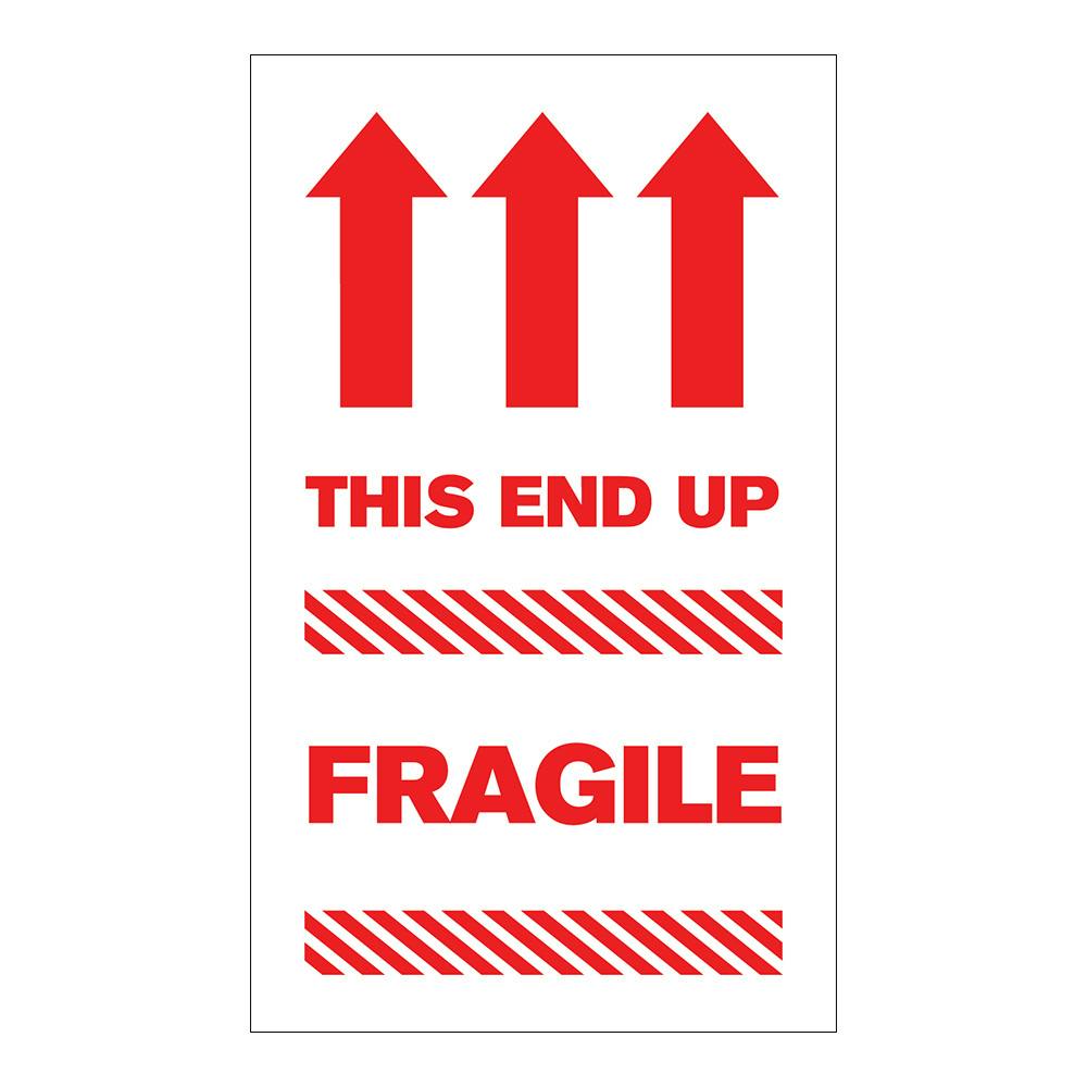 "Fragile - This End Up" Vertical Rectangular Paper Label with Red Arrows & Font - 3" x 5"