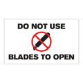 "Do Not Use Blades to Open" Horizontal Rectangular Paper Label with Symbol & Black Font - 3" x 5"