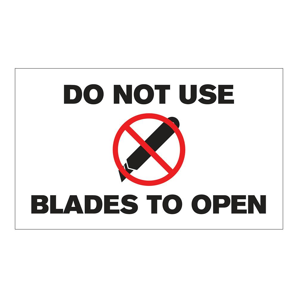 "Do Not Use Blades to Open" Horizontal Rectangular Paper Label with Symbol & Black Font - 3" x 5"